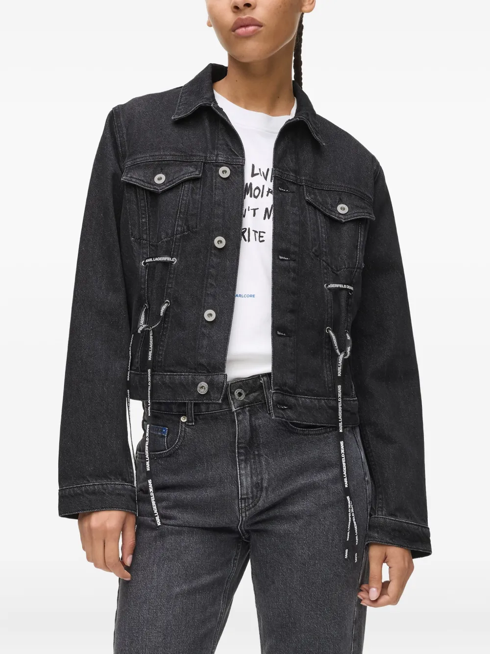Karl Lagerfeld Jeans Lace-tie Denim Jacket In Black