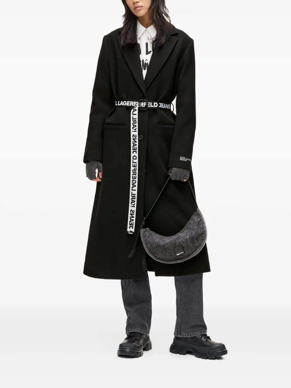 Karl Lagerfeld Jeans belted logo-jacquard coat | Single Breasted Coats | Image 2