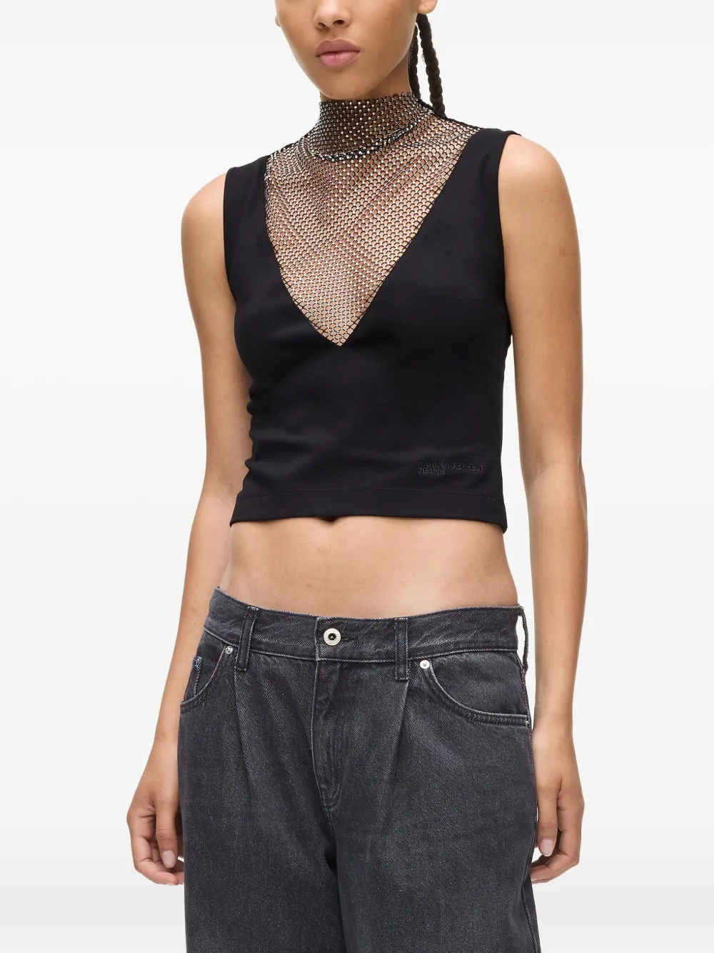 Karl Lagerfeld Jeans Chainmail-detail High-neck Top In Black