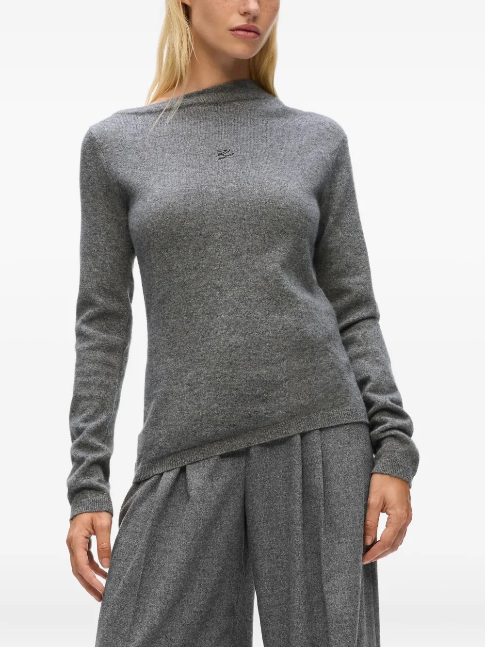 Karl Lagerfeld Asymmetric Logo Cashmere Sweater In Gray