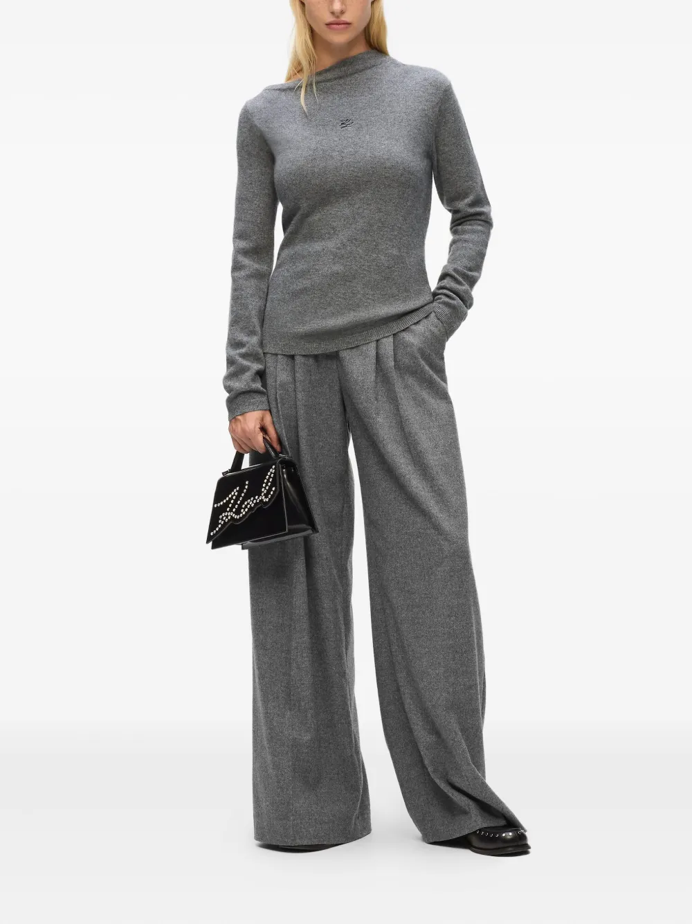 Karl Lagerfeld Asymmetric Logo Cashmere Sweater In Gray