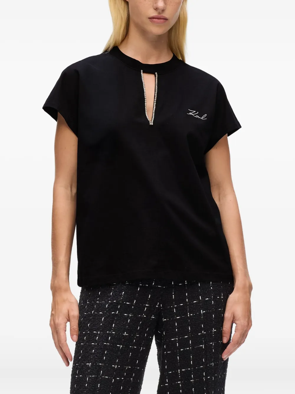 Karl Lagerfeld T-shirt verfraaid met keyhole hals Zwart