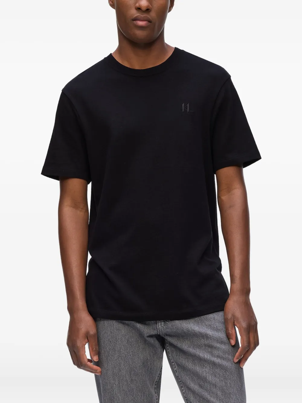 Karl Lagerfeld Embroidered-logo Crew-neck T-shirt In Black