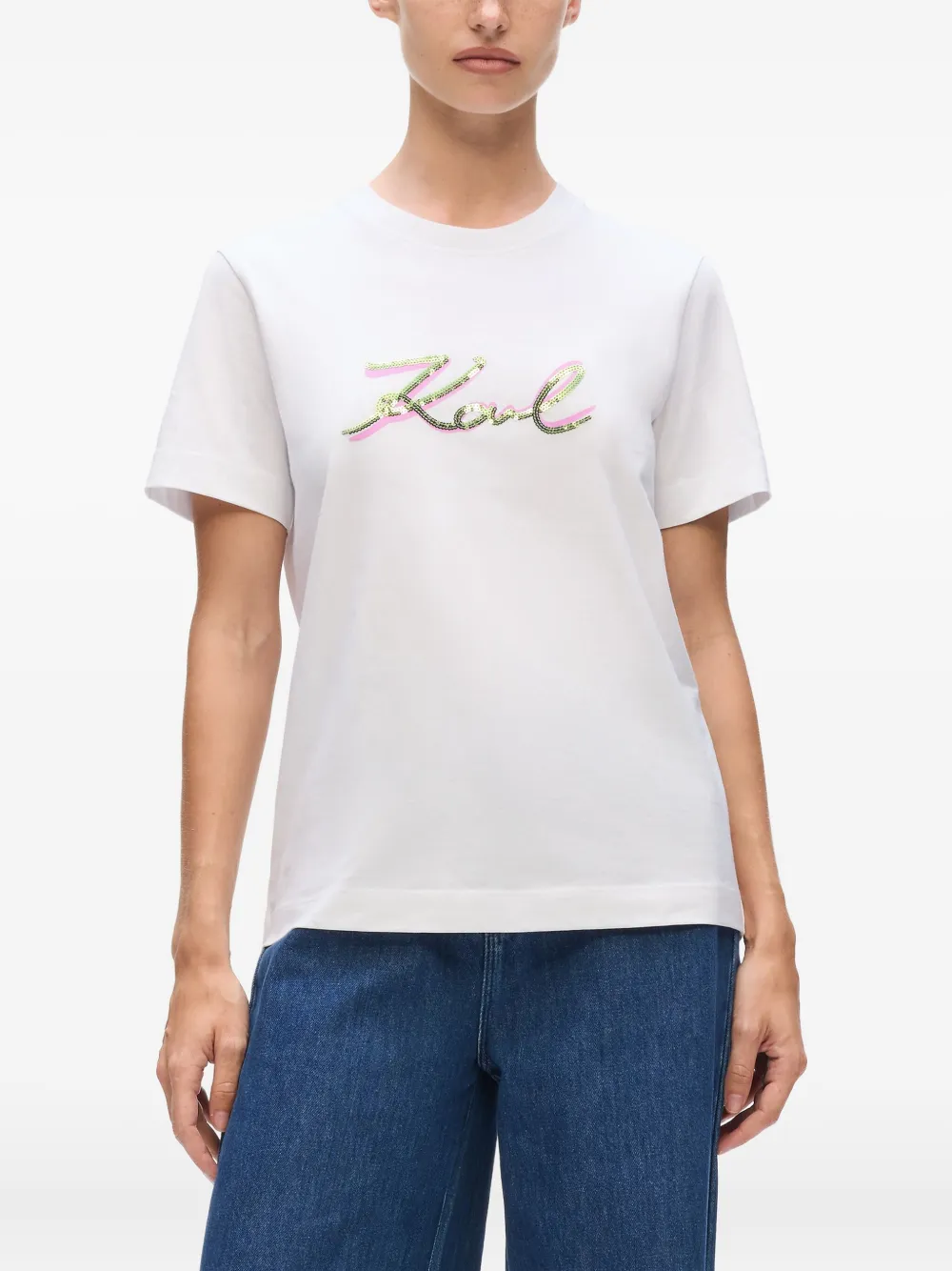 Karl Lagerfeld T-shirt van biologisch katoen met pailletten Wit