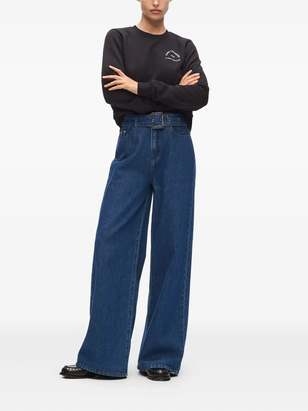 Karl Lagerfeld Broek met wijde pijpen met ceintuur - Blauw