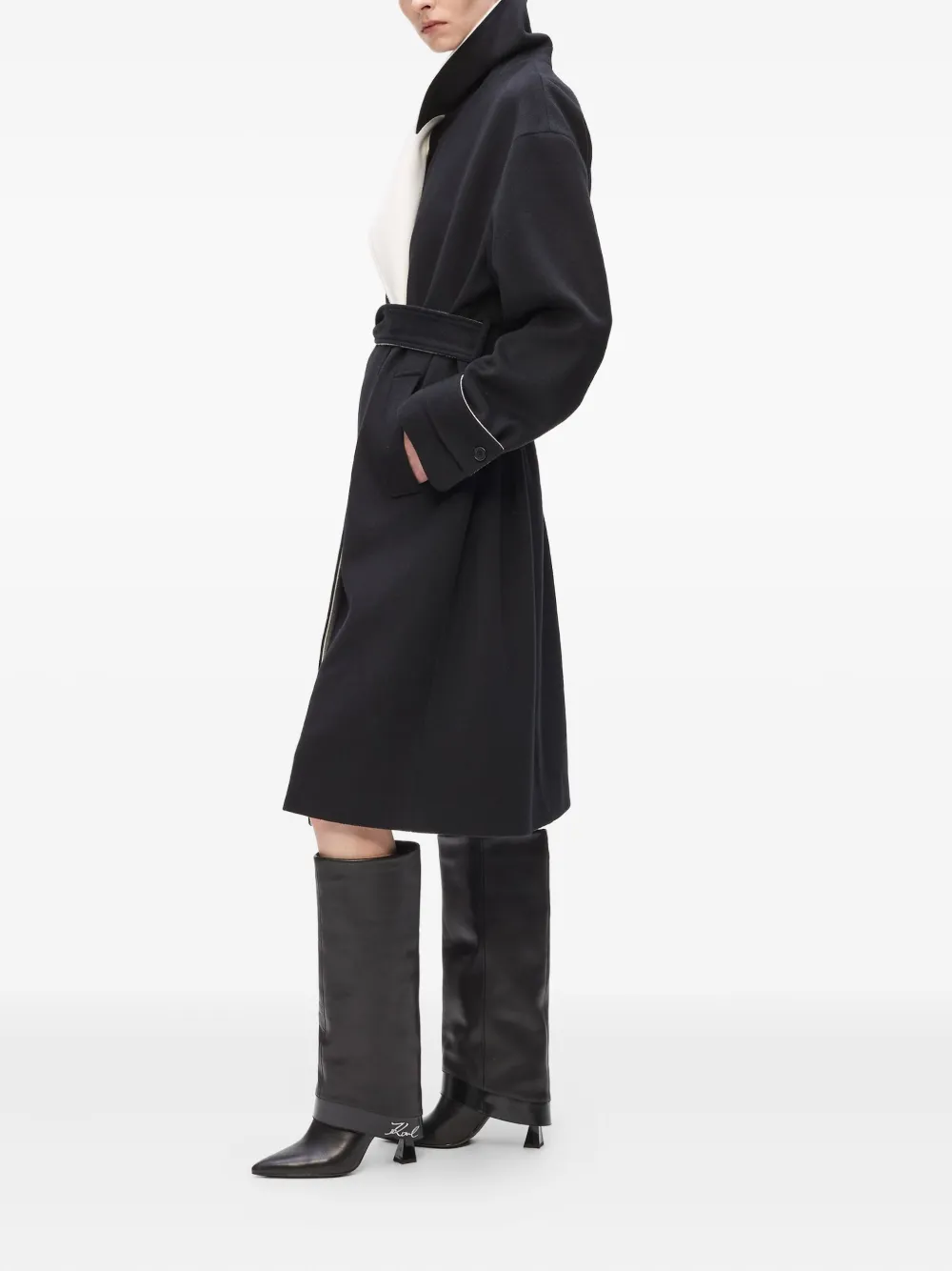 Karl Lagerfeld contrast-collar belted coat Zwart