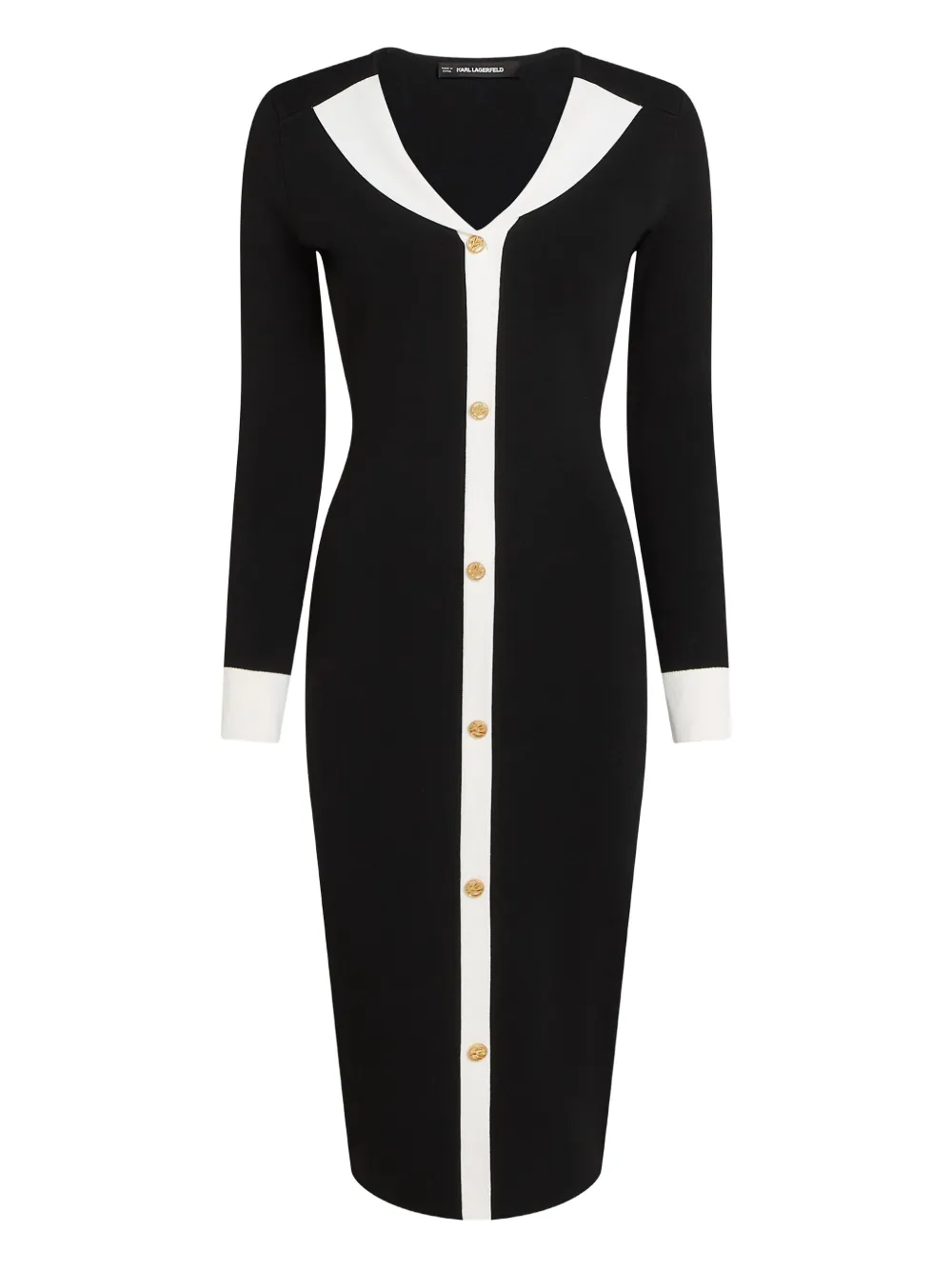 Karl Lagerfeld Contrast-collar Button Knit Dress In Black