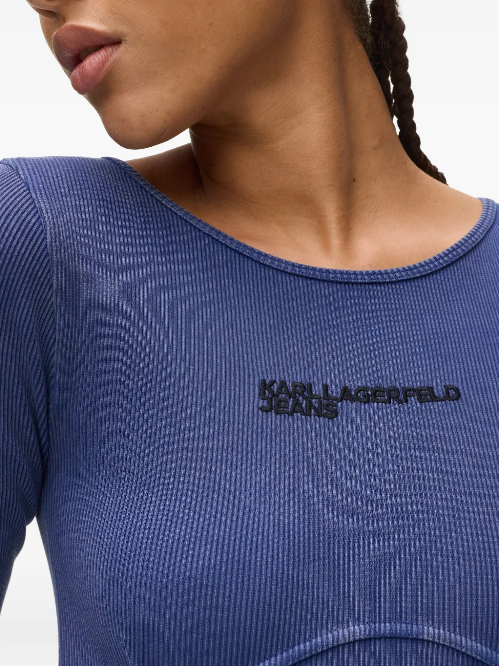 Karl Lagerfeld Jeans Ribbed Long-sleeve Bodysuit In Blue