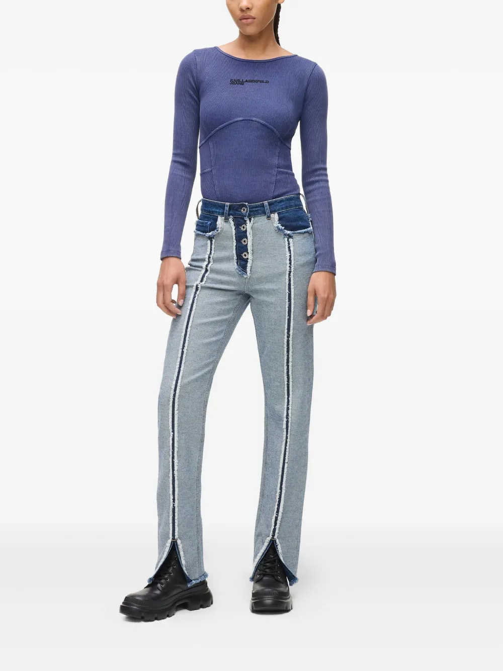Karl Lagerfeld Jeans Ribbed Long-sleeve Bodysuit In Blue