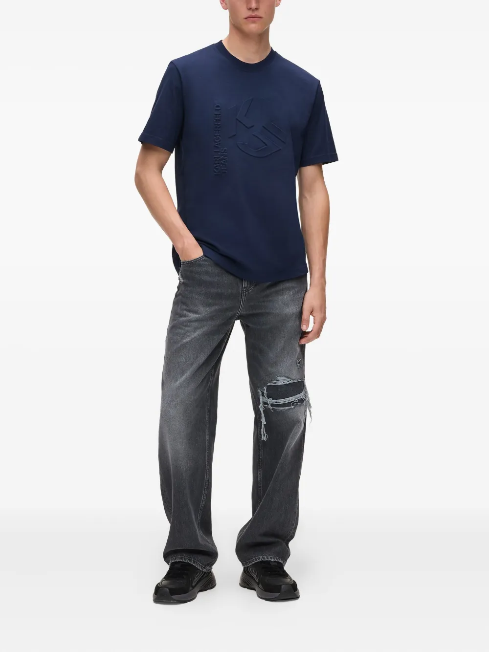 Karl Lagerfeld Jeans T-shirt met logo-reliëf - Blauw