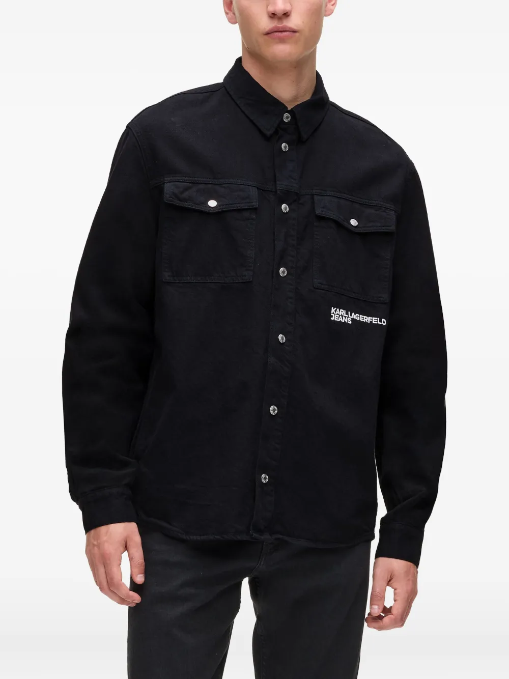 Karl Lagerfeld Jeans Karlism Slogan-print Denim Overshirt In Black