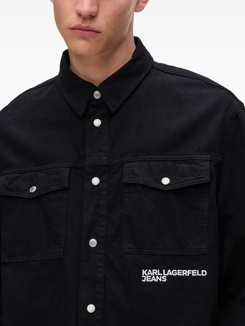 Karl Lagerfeld Jeans Karlism Slogan-print Denim Overshirt In Black