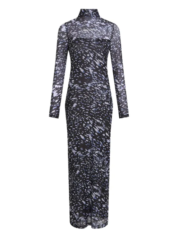 knee length dresses for ladies Here We Indigo Denim-Print Mesh Halter Maxi Dress Denim Blue / M main image 0