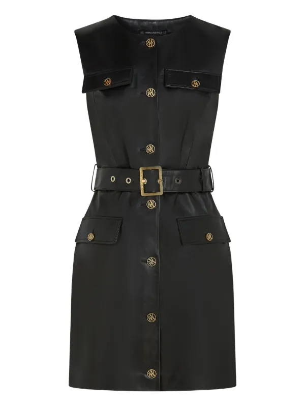 Karl Lagerfeld Belted button-fastening Leather Dress | Black | FARFETCH