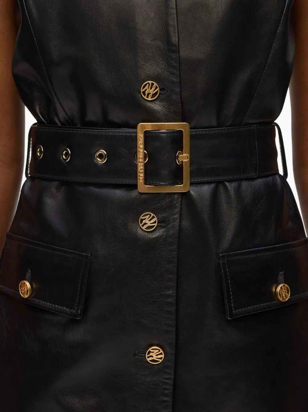 Karl Lagerfeld Leren jurk met knoopsluiting en ceintuur Zwart