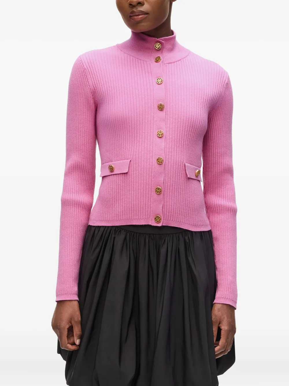 Karl Lagerfeld Ribbed High-neck Button Cardigan In Pink