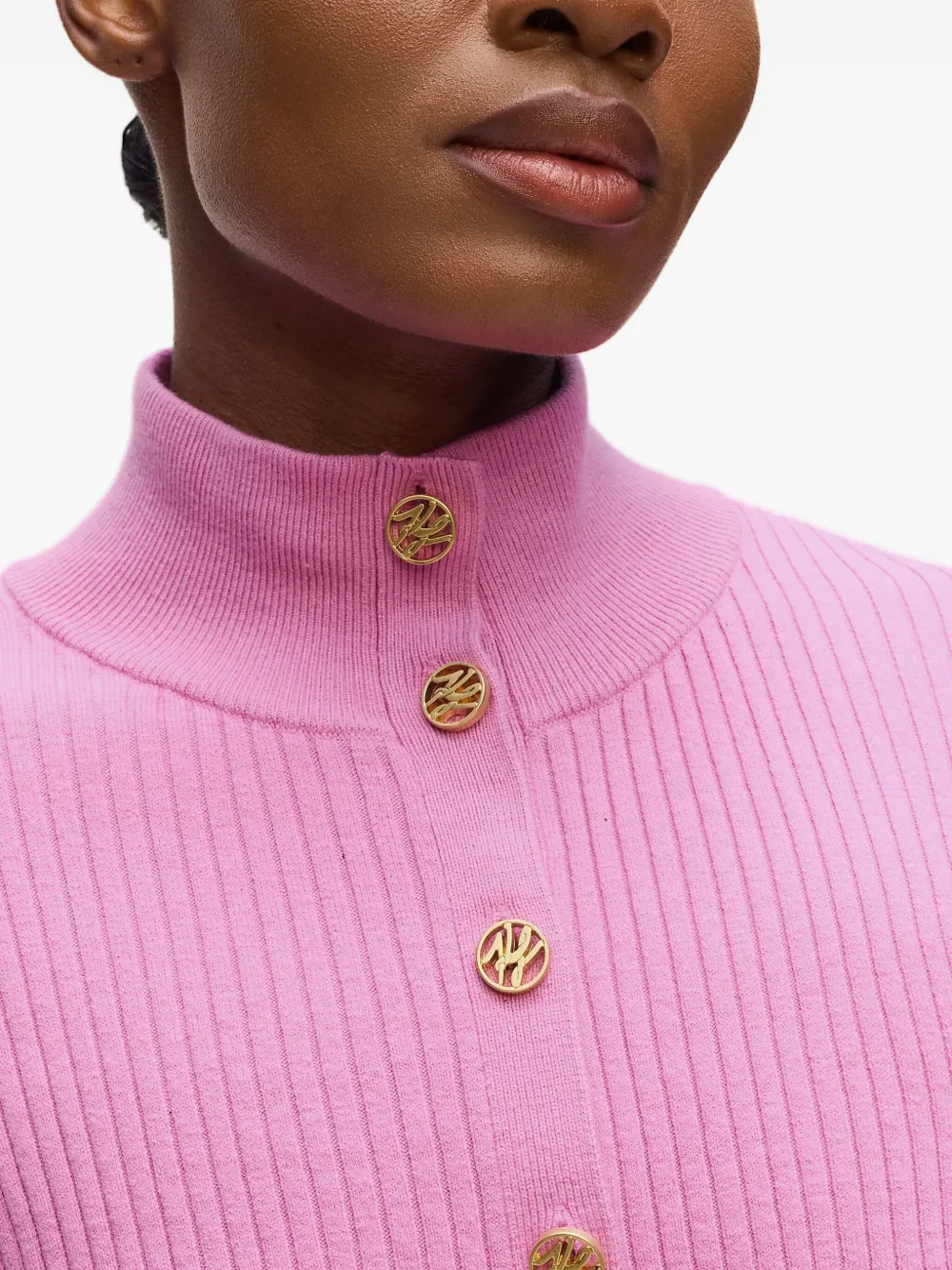 Karl Lagerfeld Ribbed High-neck Button Cardigan In Pink