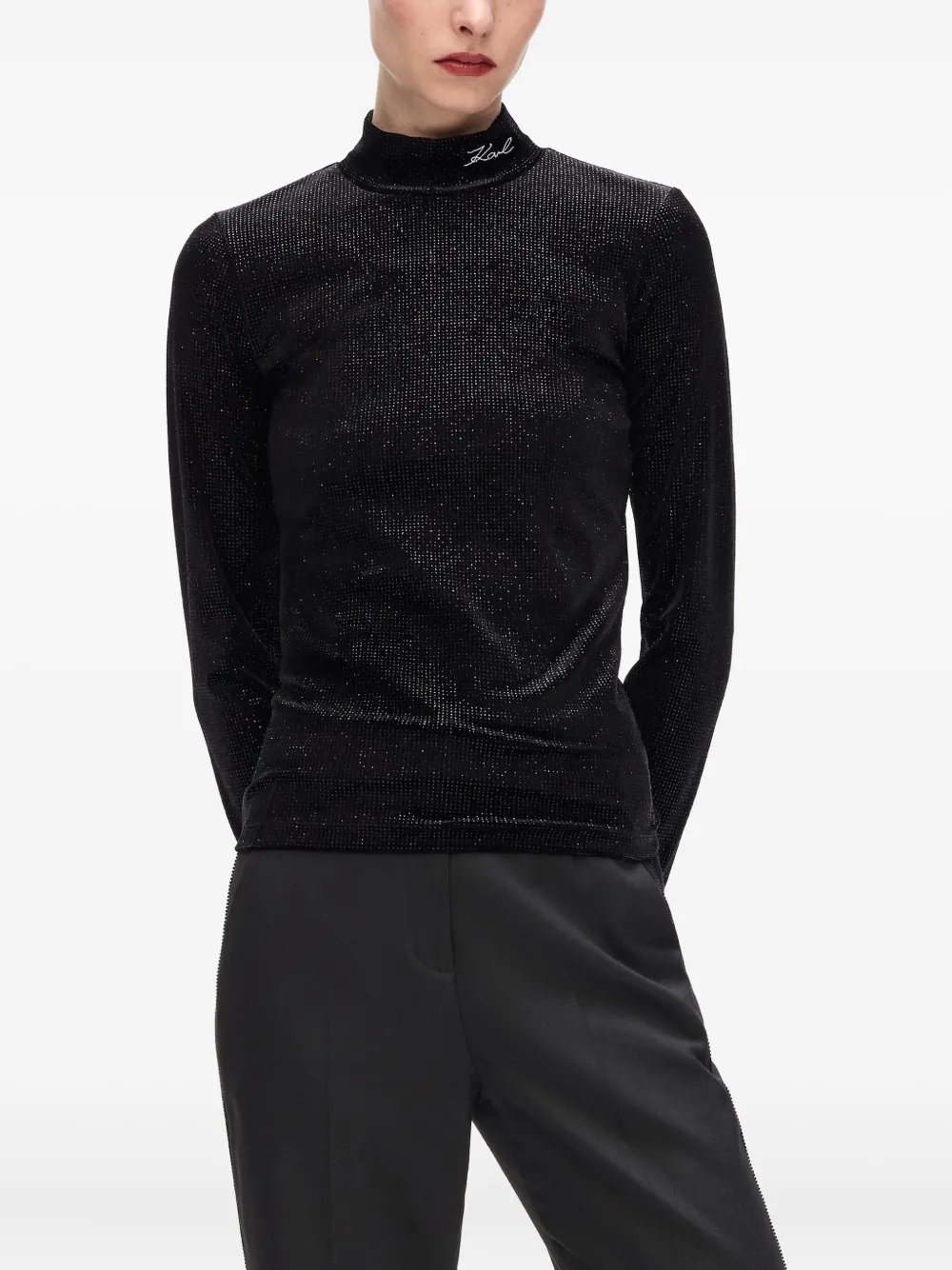 Karl Lagerfeld Sparkle Velvet High-neck Top In Black
