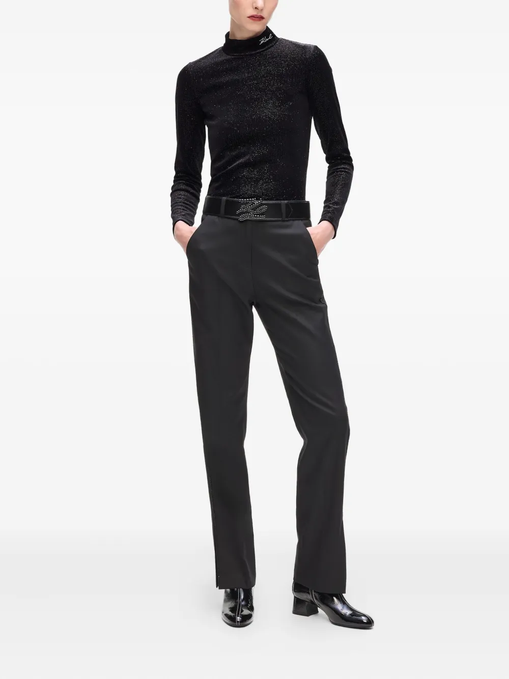 Karl Lagerfeld Sparkle Velvet High-neck Top In Black