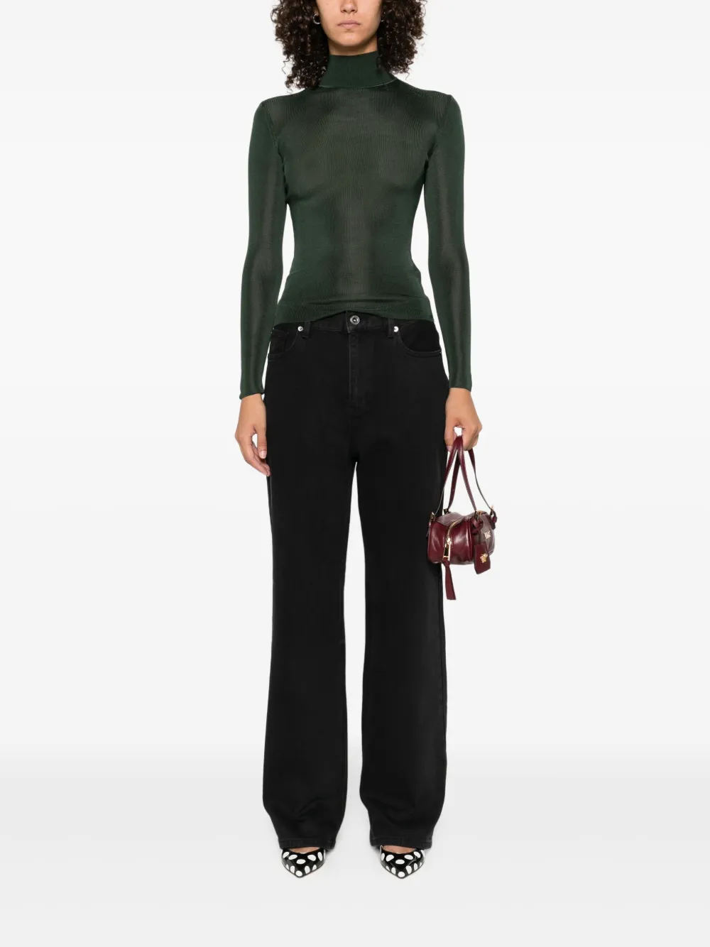 Self-Portrait Geribbelde top met col Groen