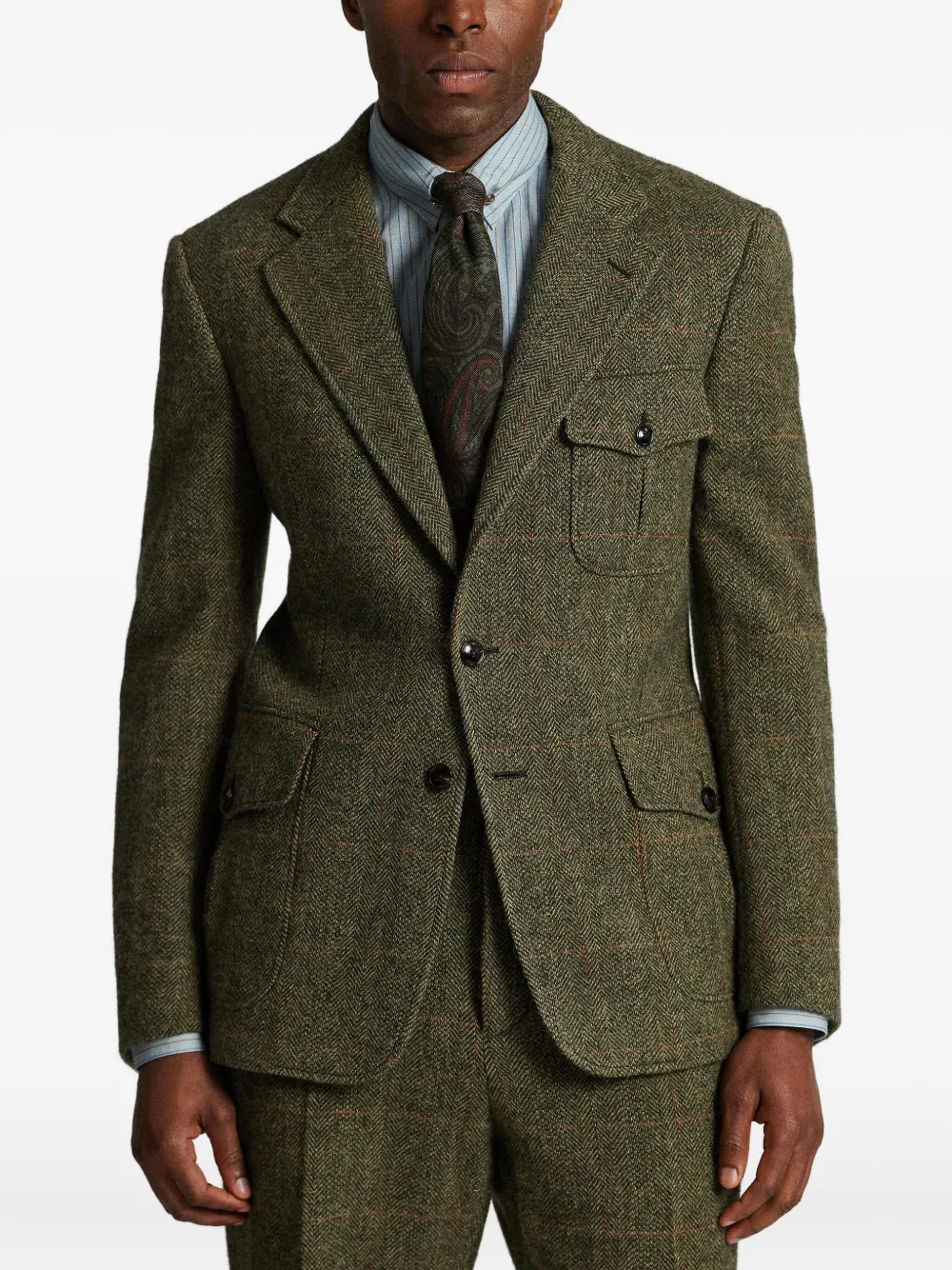 Rrl Herringbone-pattern Patch-pocket Blazer In Green