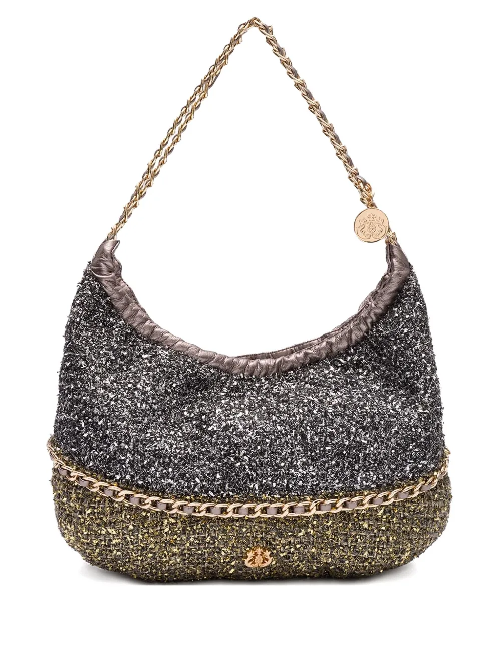 chain-embellished textured shoulder bag