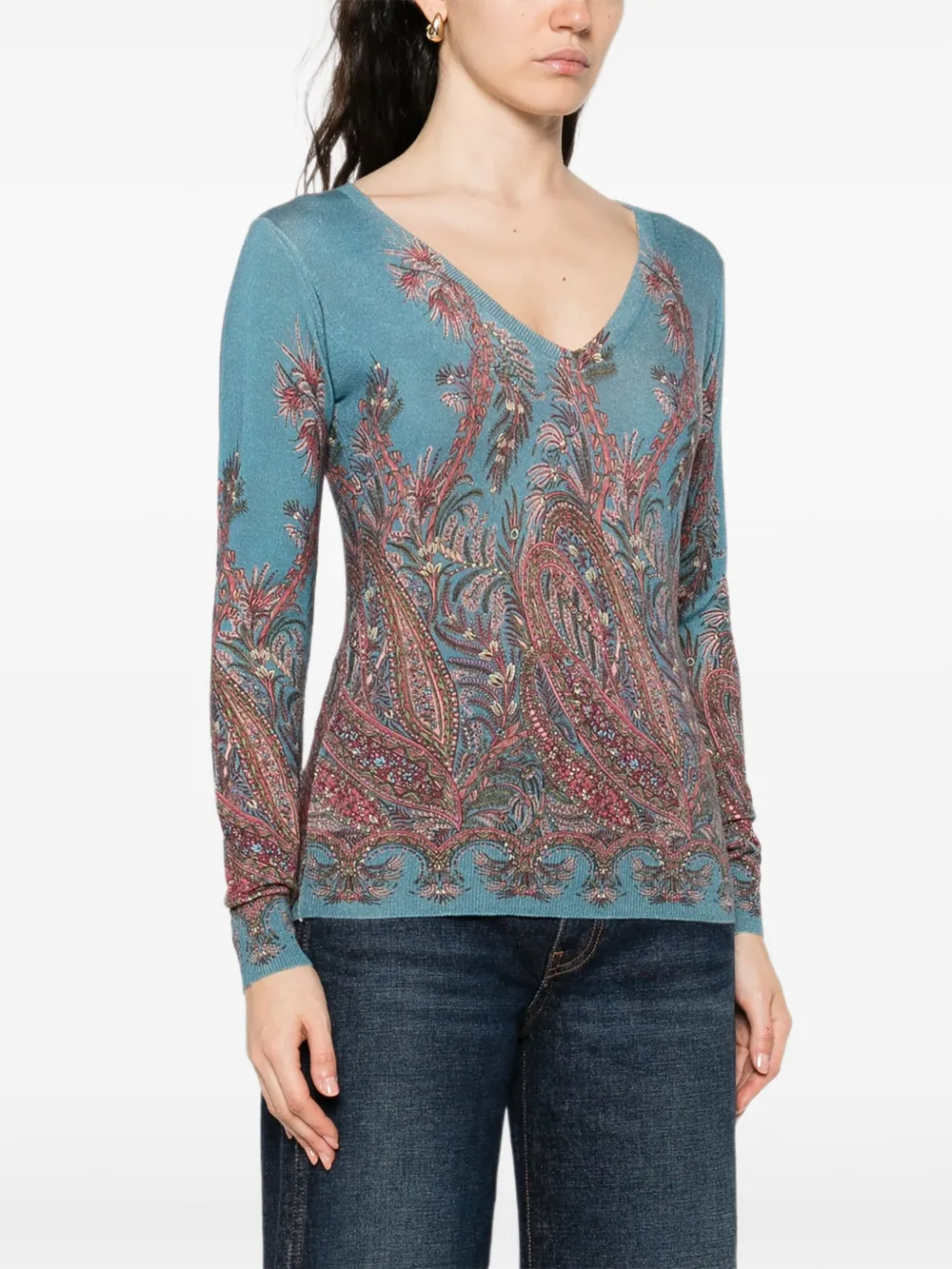 ETRO Top met paisley-print en V-hals Blauw