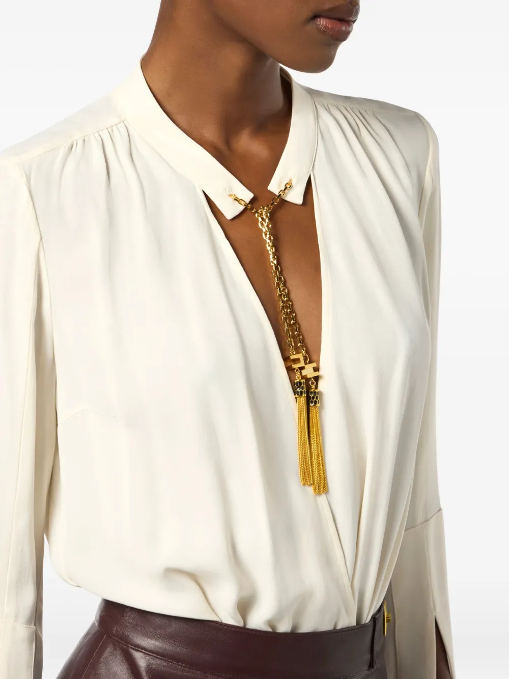 Elisabetta Franchi Georgette body verfraaid met kwastjes Beige