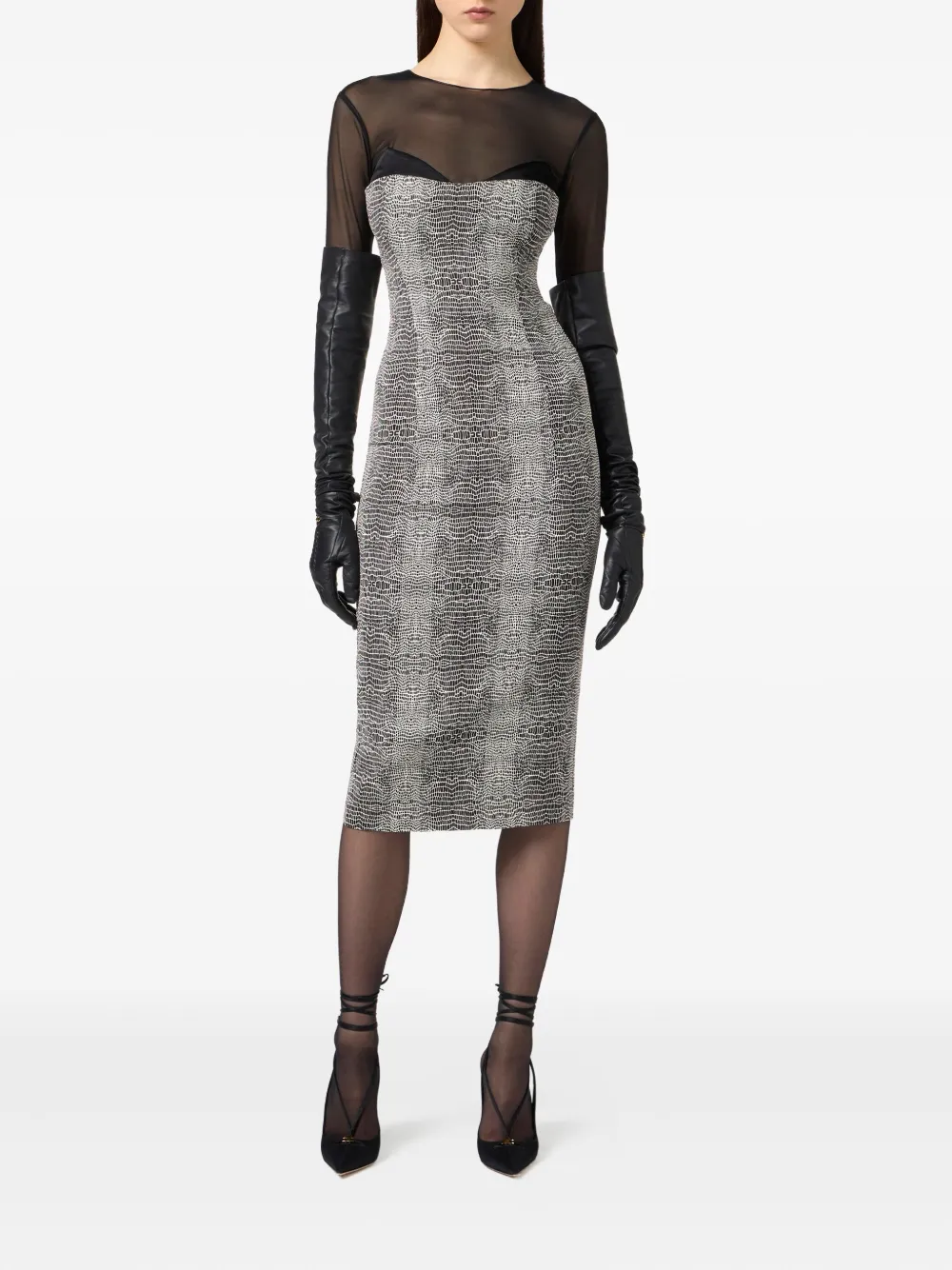 Elisabetta Franchi Python-print Mesh-insert Midi Dress In Black