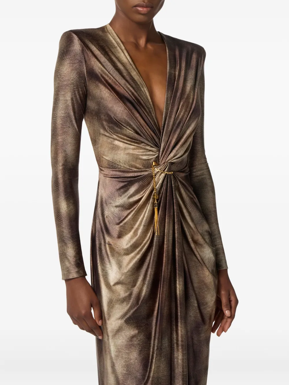 Elisabetta Franchi Draped Metallic Knee Length Dress With Sleeves In Brown
