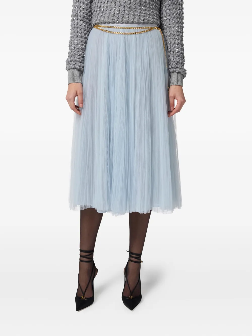 Elisabetta Franchi Midi Skirt With Gold Chain And Pleats In Blue
