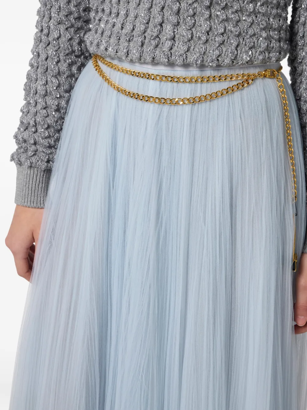 Elisabetta Franchi Midi Skirt With Gold Chain And Pleats In Blue