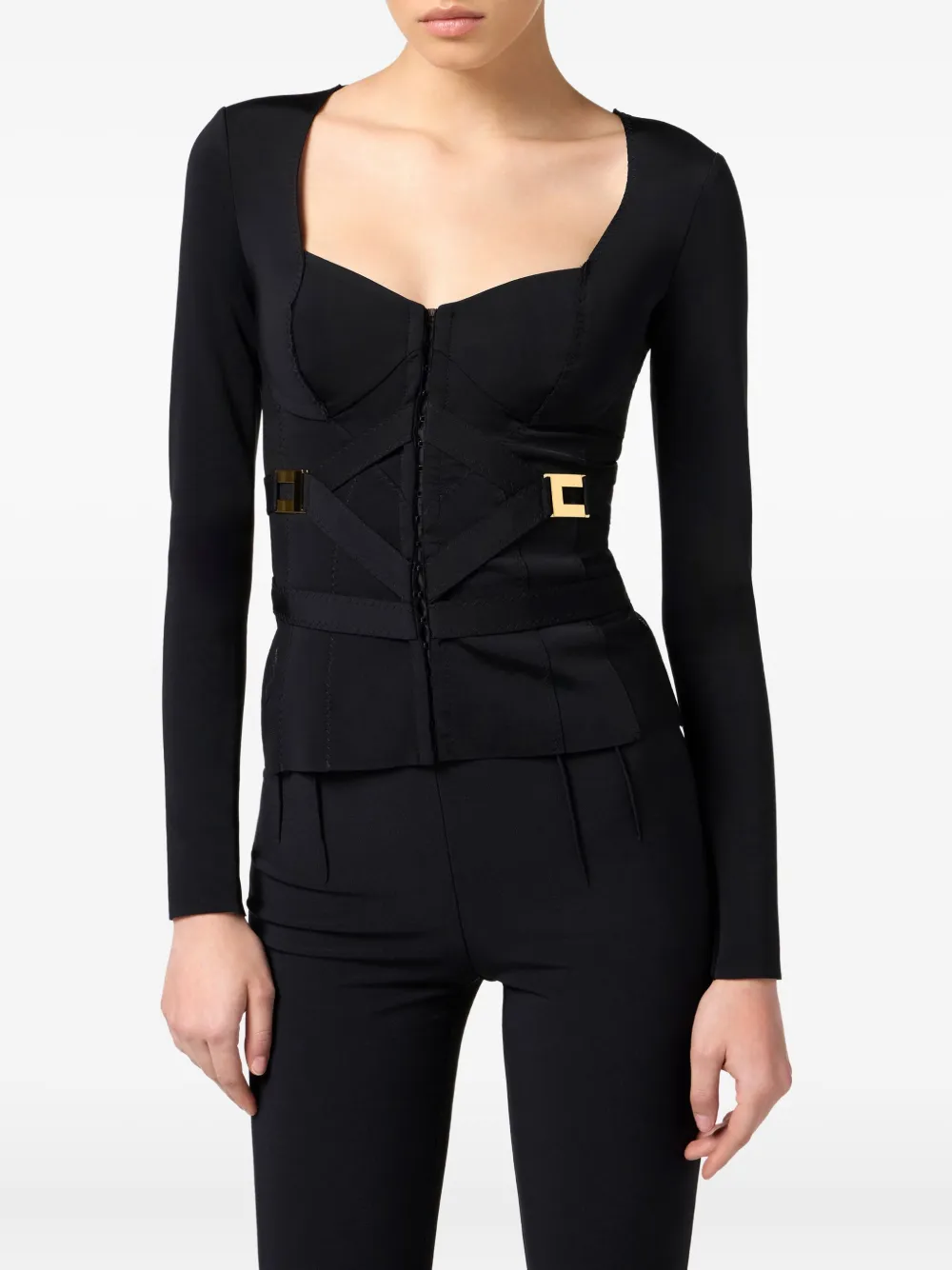 Elisabetta Franchi T-shirt met korsetdetail en lange mouwen Zwart