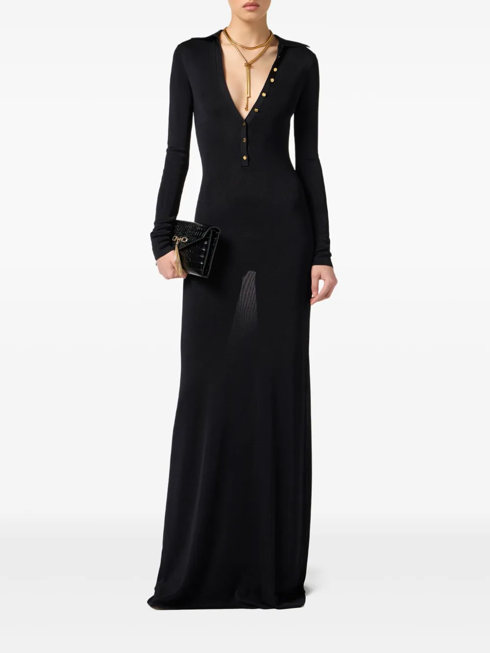 Elisabetta Franchi Maxi-jurk met V-hals en knoopdetail - Zwart