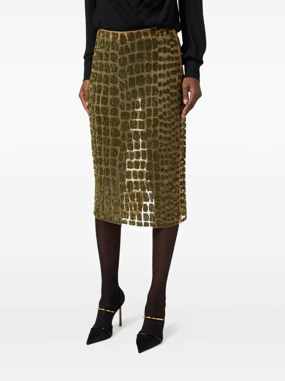 Elisabetta Franchi Bead-embellished Midi Skirt In Brown