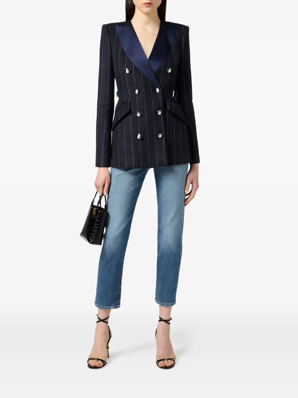 Elisabetta Franchi Blazer met satijnen revers en krijtstreep Blauw