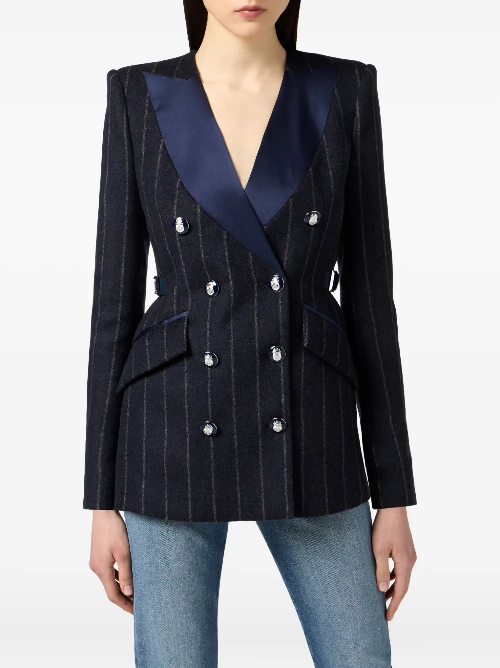 Elisabetta Franchi Blazer met satijnen revers en krijtstreep Blauw