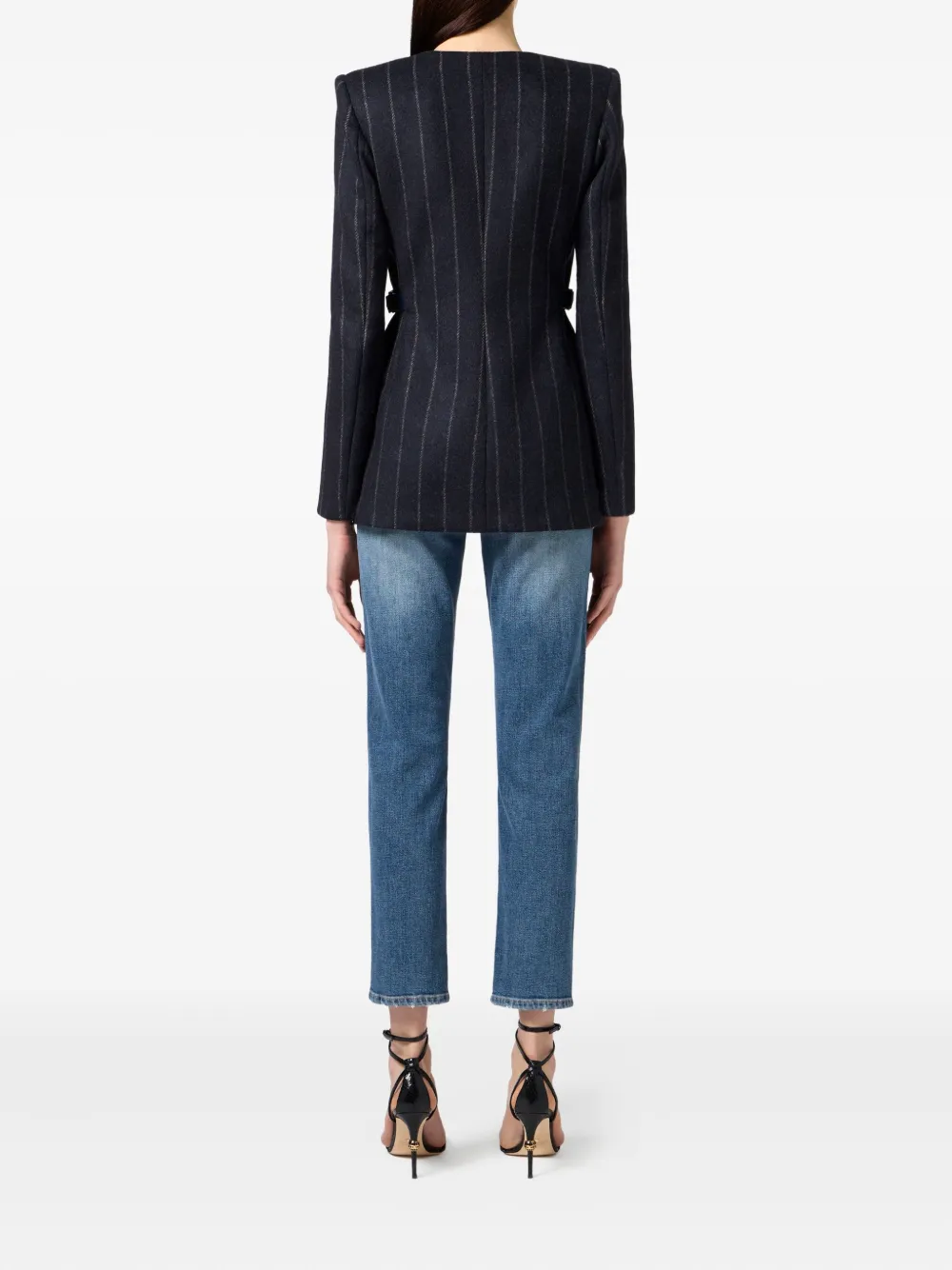 Elisabetta Franchi Blazer met satijnen revers en krijtstreep Blauw