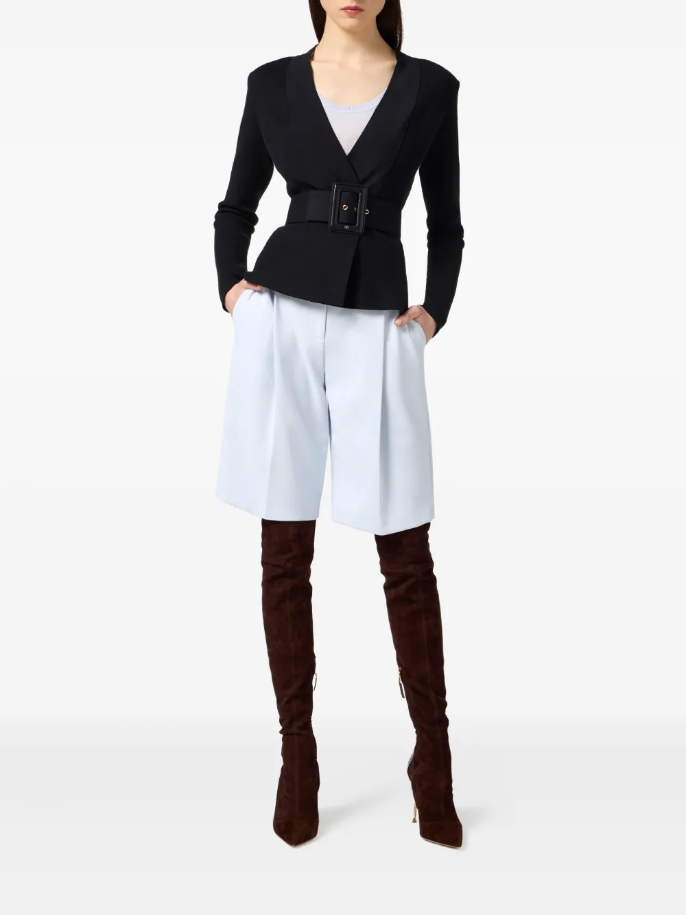 Elisabetta Franchi Waist Belt Long Sleeve Jacket In Black