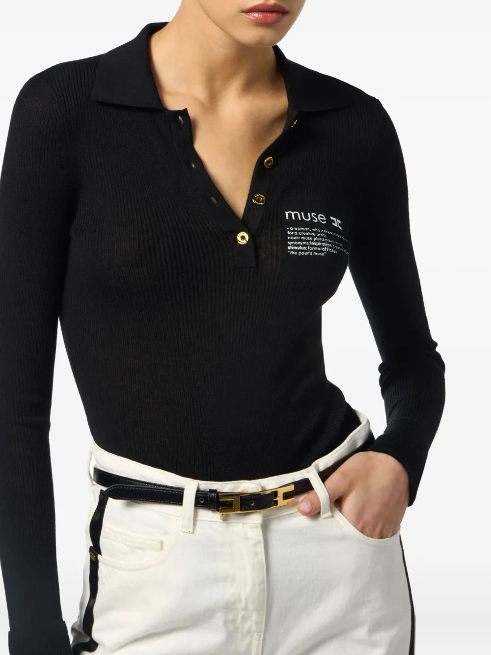 Elisabetta Franchi Collared Top With Ribbed Texture And Sleeves In Black