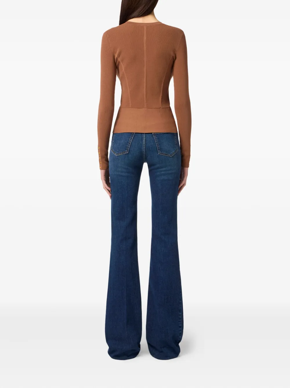 Elisabetta Franchi Ribbed Jewel-button Cardigan In Brown