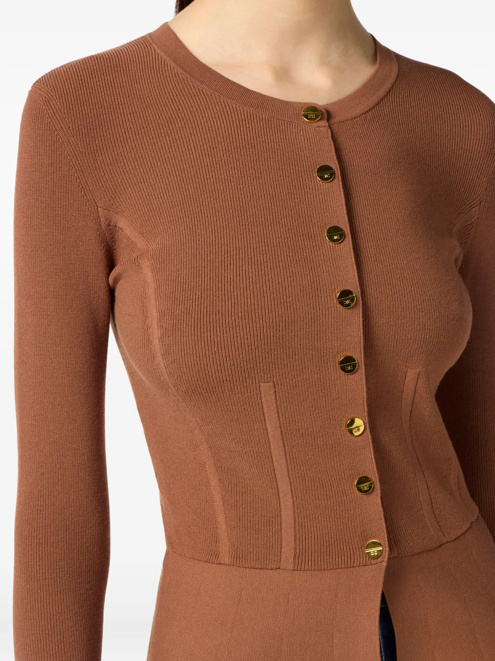 Elisabetta Franchi Ribbed Jewel-button Cardigan In Brown