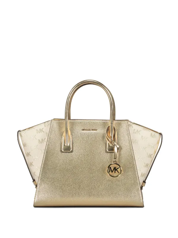 Michael Kors Large Avril Metallic Leather Logo Tote Bag Yellow
