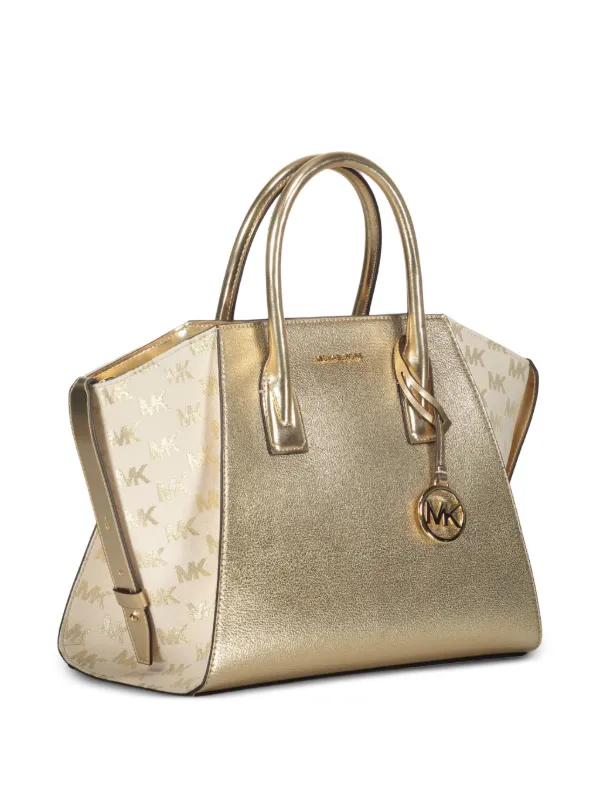 Michael Kors Large Avril Metallic Leather Logo Tote Bag Yellow