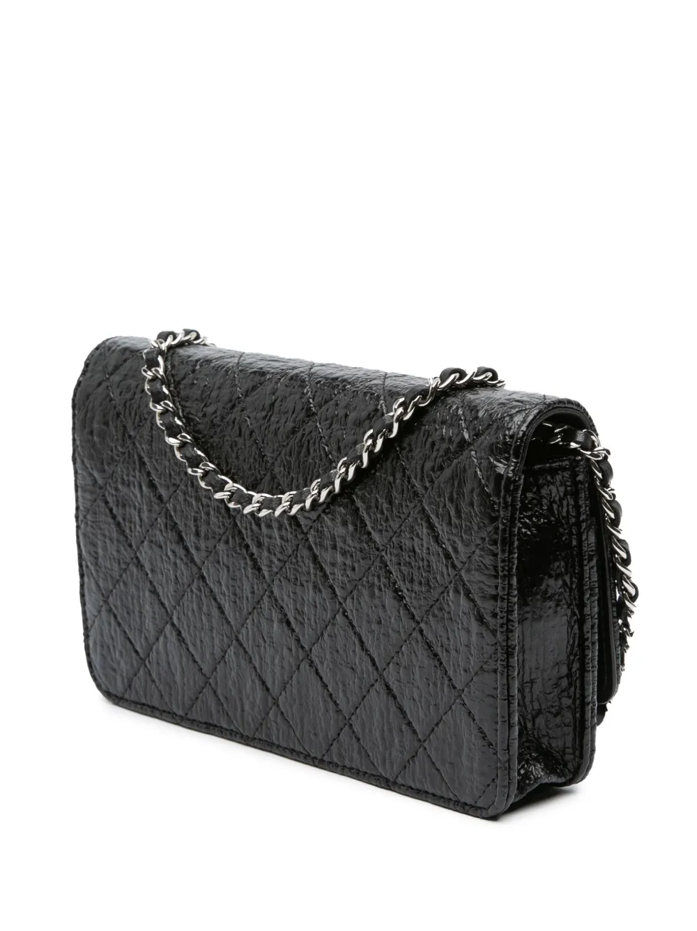 Pre-owned Chanel 2012-2013 Cc Quilted Crinkled Patent Wallet On Chain Crossbody Bag In Black