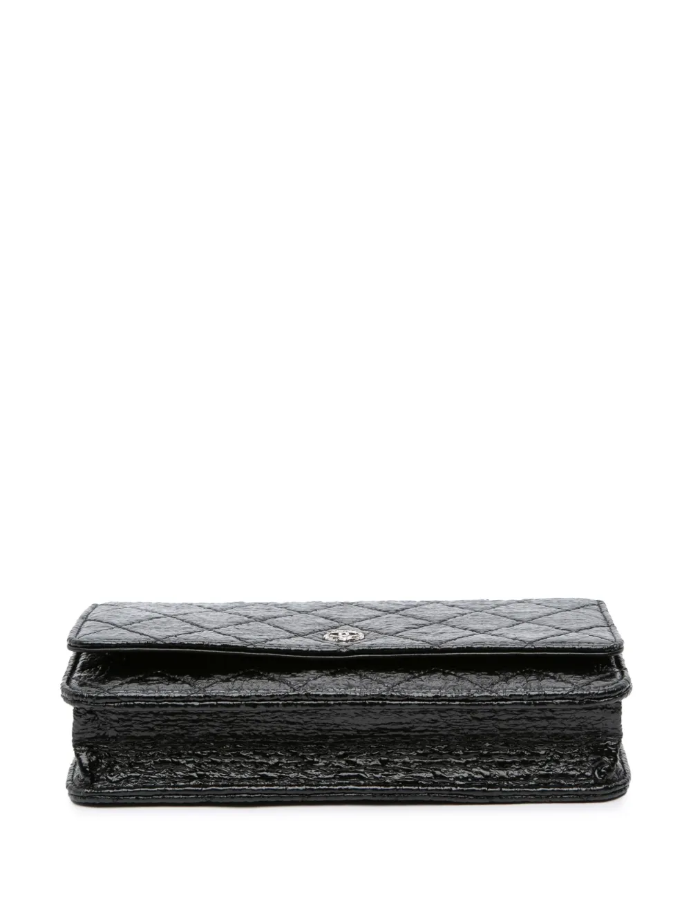 Pre-owned Chanel 2012-2013 Cc Quilted Crinkled Patent Wallet On Chain Crossbody Bag In Black
