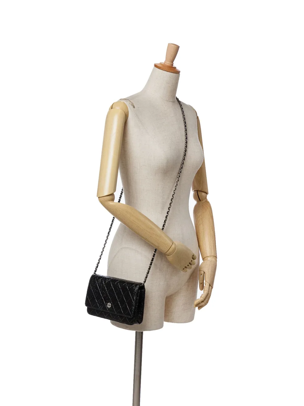 Pre-owned Chanel 2012-2013 Cc Quilted Crinkled Patent Wallet On Chain Crossbody Bag In Black