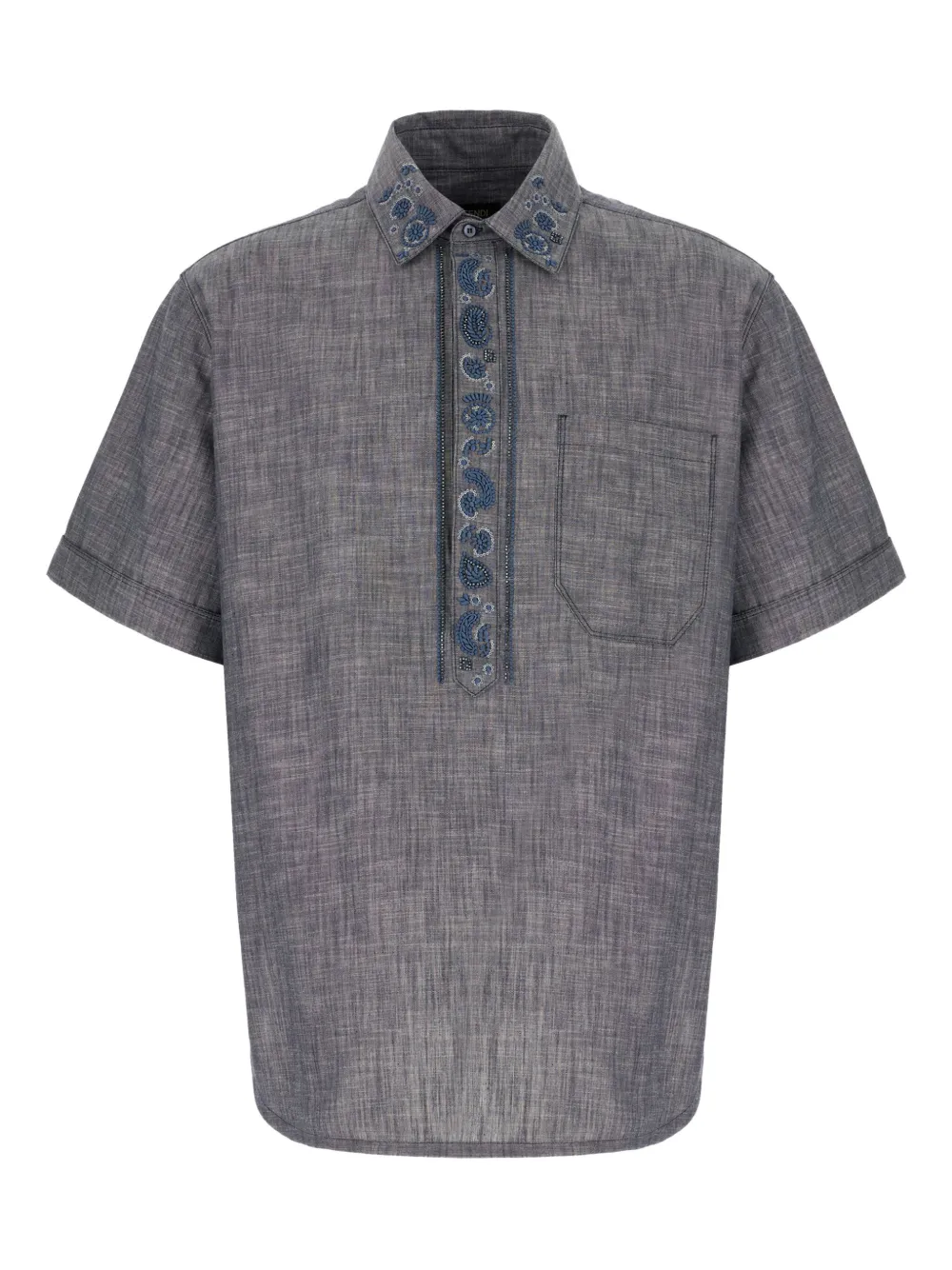 FENDI Overhemd met korte mouwen en geborduurde paisley Blauw