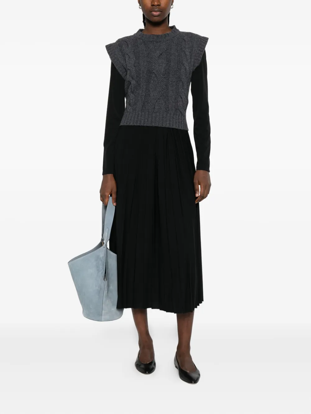 Weekend Max Mara Cable-knit Pleated Midi Dress In Black