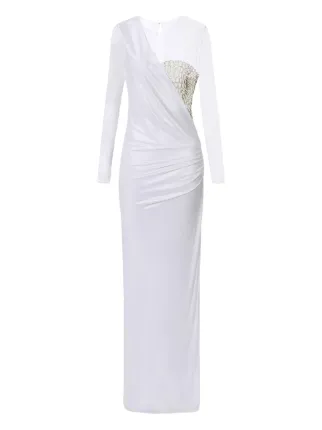 【新品】ELISABETTA FRANCHI ストレッチロングドレス パワショル Elisabetta Franchi tulle-panel crocodile-effect Maxi Dress | White